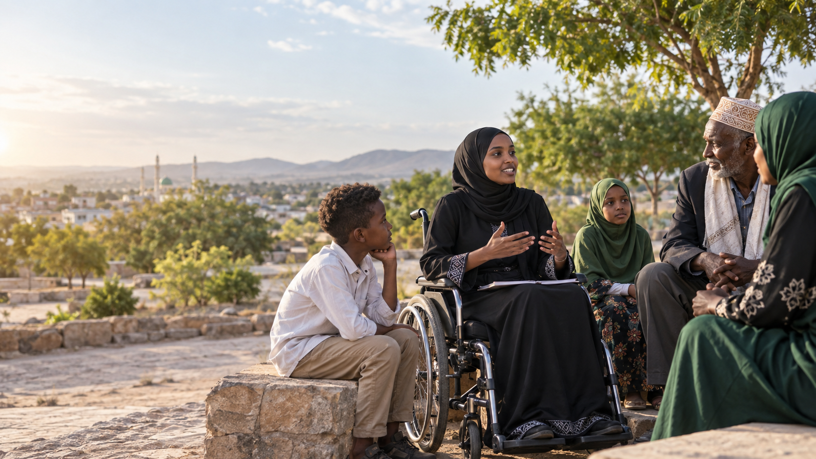 Community members with and without disabilities meeting together outdoors in Ethiopia