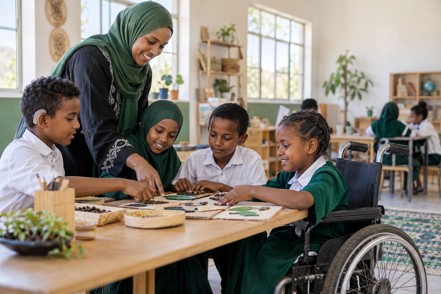 Teacher and schoolchildren with disabilities learning together in an inclusive classroom