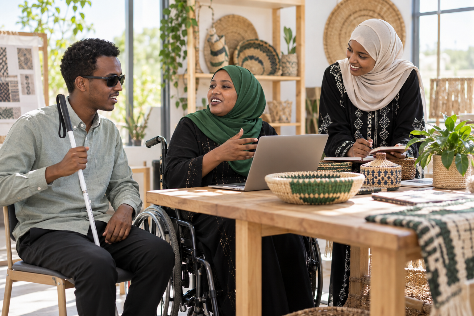 Entrepreneurs with disabilities collaborating in a community enterprise workshop